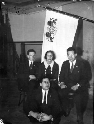 Maccabi Tartu leaders - 14/1/1925
Farewell party for Pesja Kruskal who is going to Palestine.
Left to right: Jossif Usvanski, Pesja Kruskal, Boris Kropman
Sitting: Abraham Kropman 
