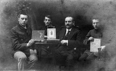 Epstein brothers 1923
The sons of Rabbi Epstein (Tartu).
Left to right: Jacov Metrikin, Schalom Epstein, Polonski (Hebrew teacher), Schaike Epstein 

