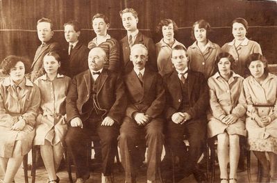 TJG
Left to right.
Standing: Pesach Wasserman, ?, ?, Isak Haitov, Miriam Schulklepper, ?, Sofa Amitan
Sitting: ?, ?, Sauerbrei, Gurin, Gildebrand, ?, ?
