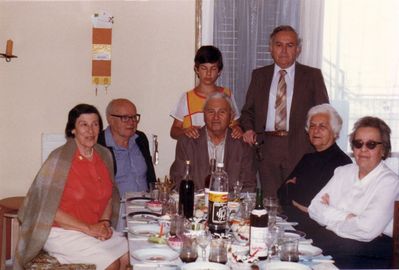 Schampal, Sawadi, Manor - Jerusalem, 1985
Left to right. Sitting: Miriam Schampal (Schulklepper), Manor, Pesach Schampal, Lena Manor (Rutstein), Sofia Sawadi (Liebermann)
Standing: Michael Schampal, Sawadi
Keywords: [R]