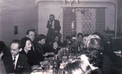Renie Klas birthday.
Left to right: ?, Jüri Järvet, Renie Klas, Georg Ots, Anna Klas, ?, Ruth Rybak (Goldmann), Leopold (Lolo) Klas, Anatoli Falstein, Polina Klas (Schreiber), Aron Tamarkin. 
