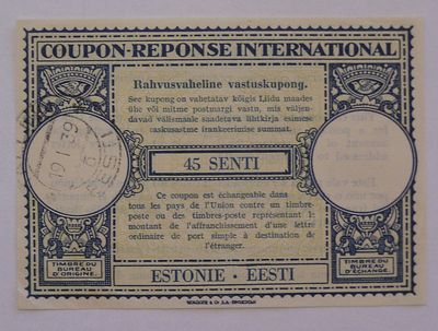 International postal coupon issued in Estonia - stamped in 1939
