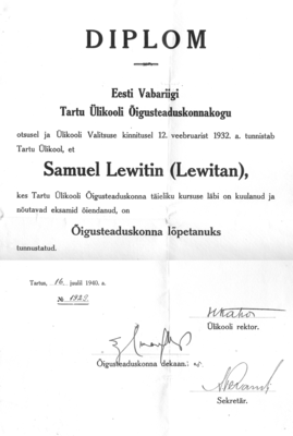 University diplomas
Jura diploma to S. Levitin - 1932
