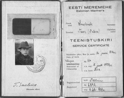 Sailor cetificate - 1937
Tuvja Smolenski (1916 Tallinn - 1993 Haifa) - the first Jewish sailor in Estonia. Sea captain in Palestine and Israel.
